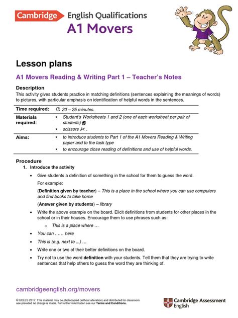 A1 Movers 2018 Lesson Plan Reading And Writing Part 1 Lesson Plan Noun