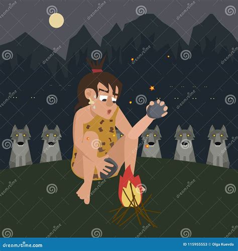 Fire Protects A Caveman From Predator Vector Cartoon Stock Vector Illustration Of Fire