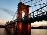 The John A. Roebling Suspension Bridge in Cincinnati, Ohio. The sunset ...