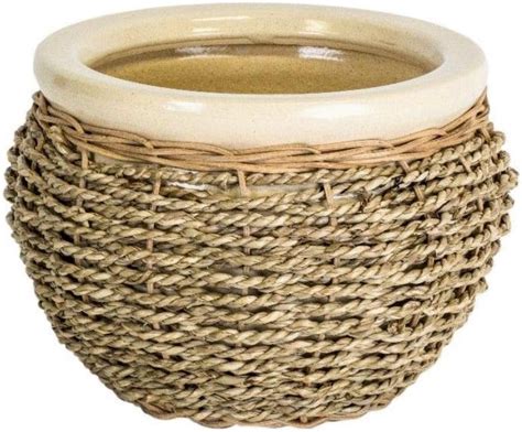 Ivyline Seagrass Wicker And Stoneware Indoor Home Planter Plant Pot In