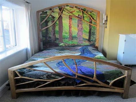 Bedroom Large Tree Branch Bed Frame With Artistic Forest Headboard
