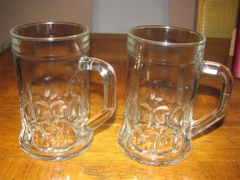 Two Vintage Clear Glass Beer Mugs Glasses With Handles Imprint At Bottom Coke Manhattan
