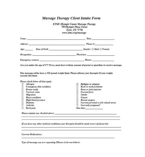 massage intake forms   client printable