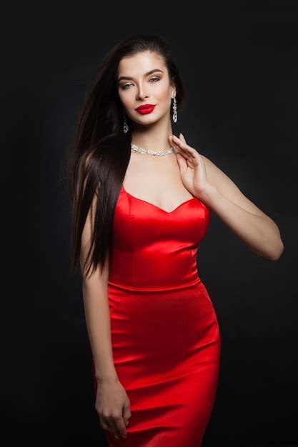 Premium Photo Glamorous Model In Red Silky Dress Perfect Brunette