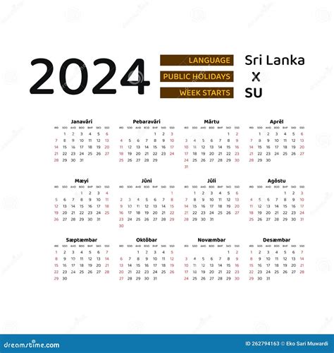 Sri Lanka Calendar 2024 Week Starts From Sunday Vector Graphic Design