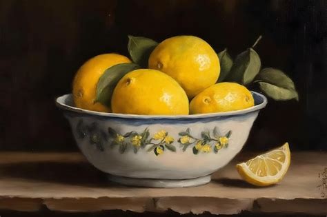 Premium Ai Image Lemon Fruits In A Bowl Traditional Still Life Oil