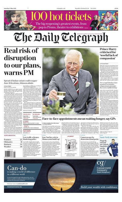 Daily Telegraph Front Page 15th Of May 2021 Tomorrows Papers Today