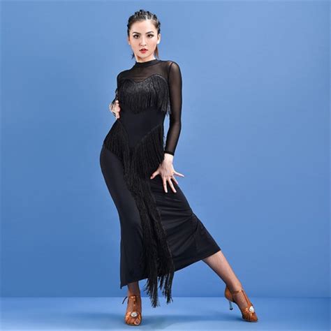 Women Sexy Black Long Length Latin Dance Dresses Back Split Fashion