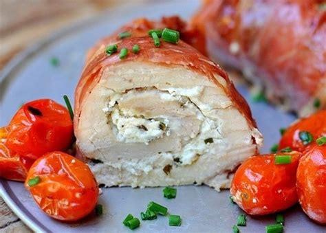 Prosciutto Wrapped Chicken With Goat Cheese Chives And Fried Garlic