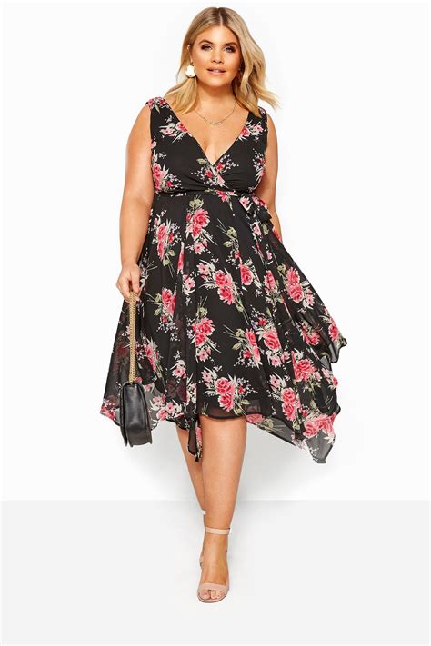 Black And Pink Floral Hanky Hem Dress Yours Clothing