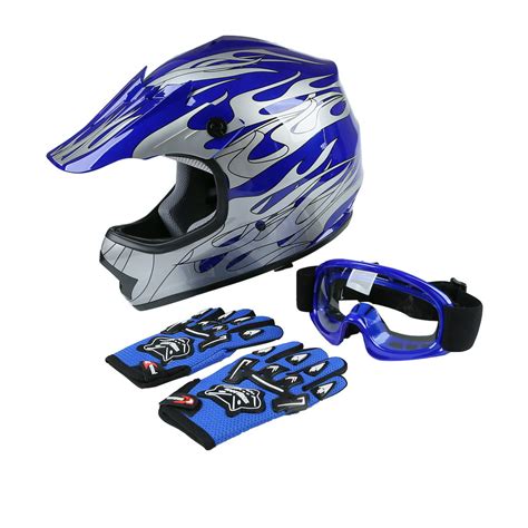 Tcmt Dot Youth And Kids Motorcycle Helmet Blue Flame With Goggles