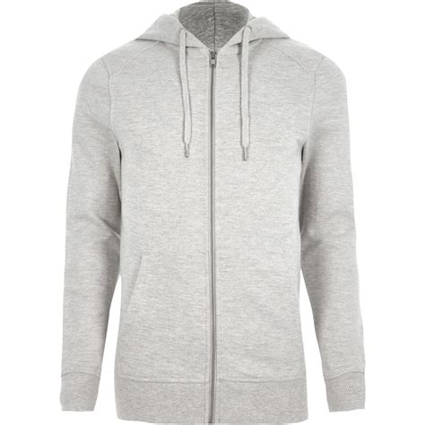 River Island Light Grey Muscle Fit Zip Up Hoodie In Gray For Men Lyst