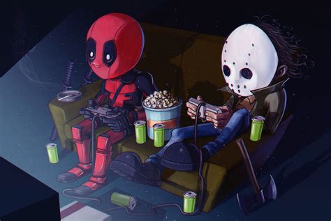 Deadpool And His Friend Playing Video Games Wallpaperhd Superheroes