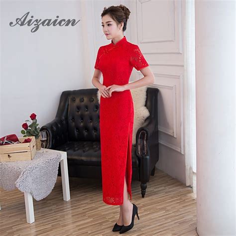 2018 High Quality Red Cheongsam Lace Sexy Qipao Long Traditional