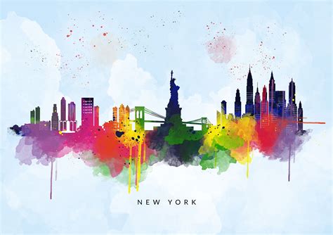 New York City Skyline Blue Background Multicolour Watercolour