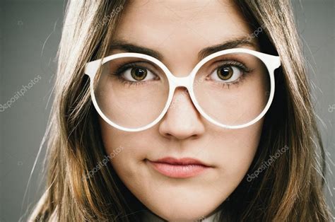 Retro Geek Girl Wearing Glasses Grainy Vintage Portrait — Stock Photo