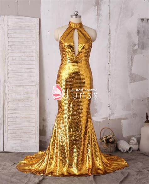 sparkling gold glitter halter mermaid prom dress with middle back lunss