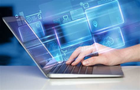 Hand Using Laptop Information Database Concept Stock Image Image Of
