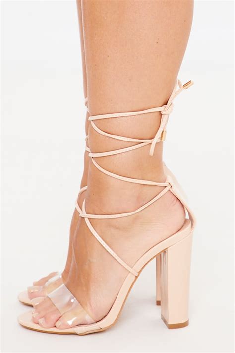 Nude Patent Tie Up Block Heels In The Style