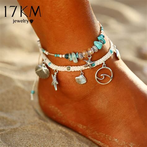 17km Bohemian Starfish Stone Anklets Set For Women Vintage Handmade