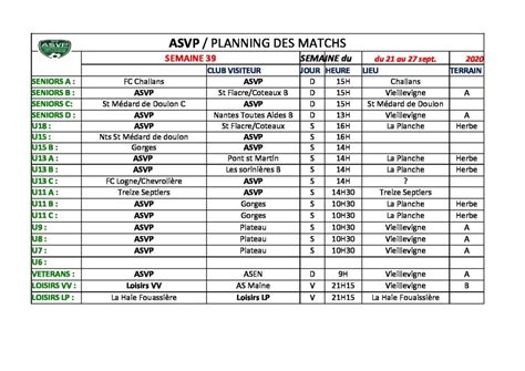 Planning Matchs Semaine 39 Du 25 Au 27 Septembre Site Web De Lasvp