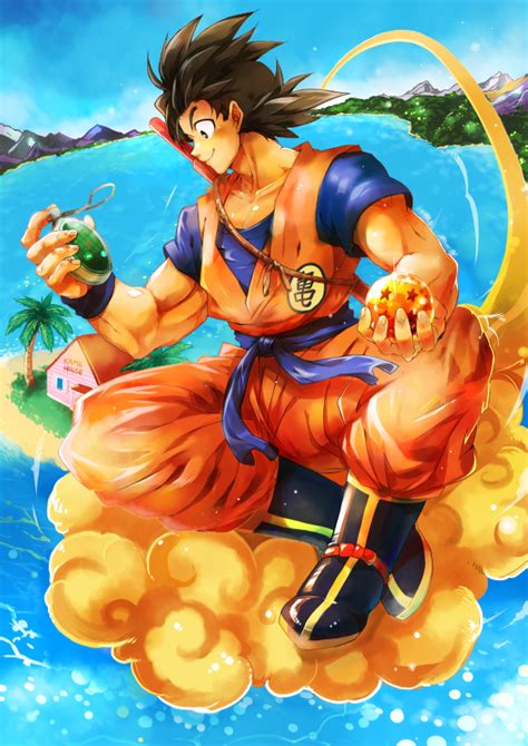 Goku Riding In A Flying Nimbus Near To Kame House Holding In His Right