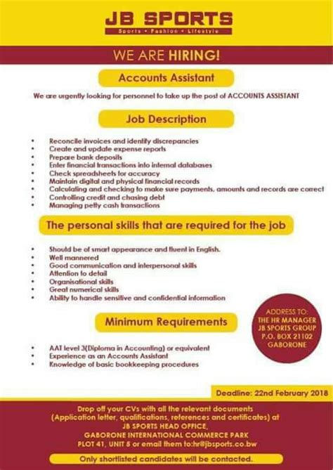 Job vacancy result is a one stop destination for your career growth here we bring you job vacancy from all fields of area and cater you the best job. Vacancy-Accounts Assistant Wanted At JB Sports - Botswana ...