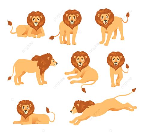 Cute Cartoon Lion In Different Poses Vector Illustration Set Wild
