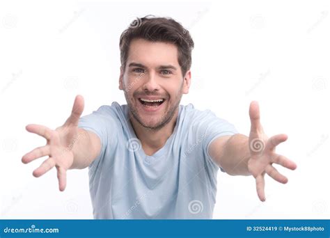 Come To Me Portrait Of Happy Young Men Gesturing On Camera While