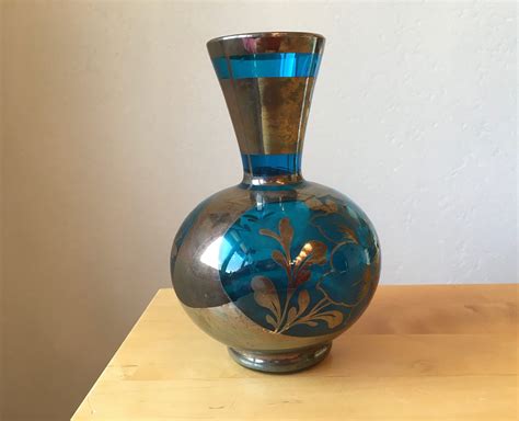 Vintage Italian Silver Overlay Glass Vase Florence Blue Glass