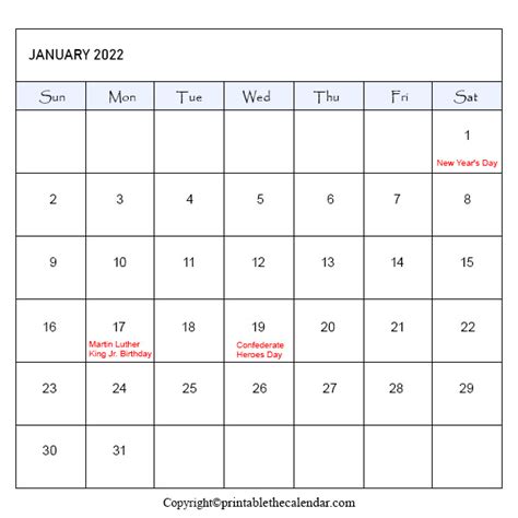 January Holiday Calendar Printable The Calendar