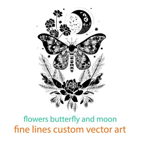 Novas Flores Borboletas E Linhas Finas Da Lua Ilustração De Design De