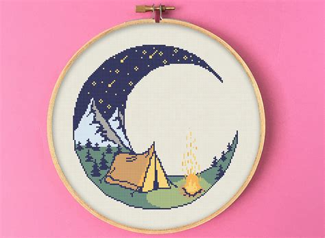 Moon Camping Cross Stitch Pattern Nature Mountains Etsy Arte De