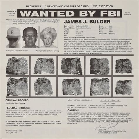 James Whitey Bulger Wanted Poster Rr Auction