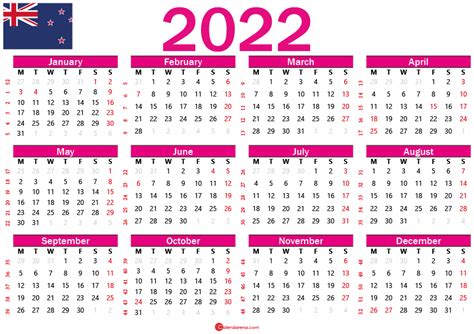 2022 Calendar New Zealand With Holidays And Weeks Numbers