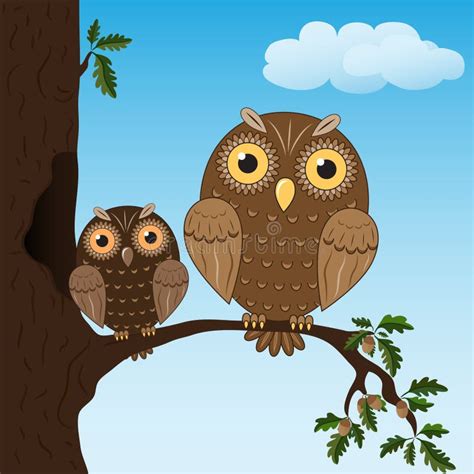 Two Owls Sitting On The Oak Branch Stock Vector Illustration Of Round