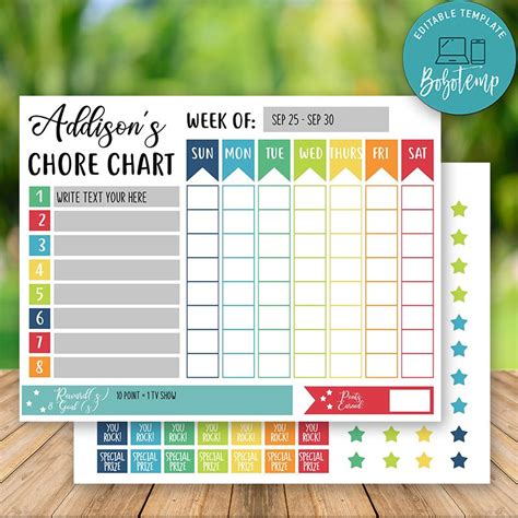 Printable Girls Chore Chart Template Instant Download Bobotemp