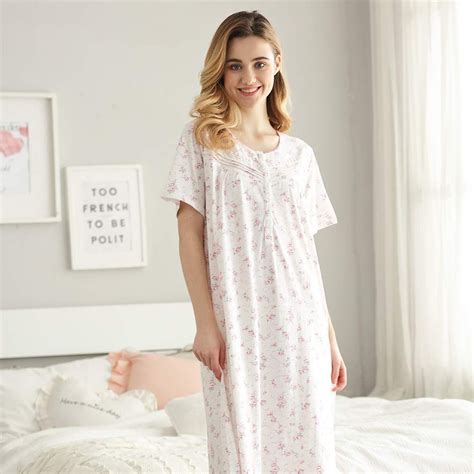 Keyocean Nightgowns For Women All Cotton Print Short Sleeve Soft Long Nightgown Sleep Wear