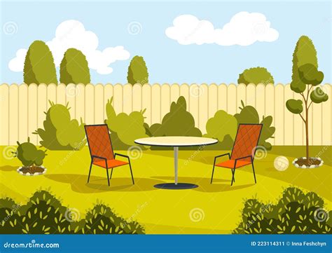 Patio Area With Cartoon Table And Chairs Sunny Courtyard Area With