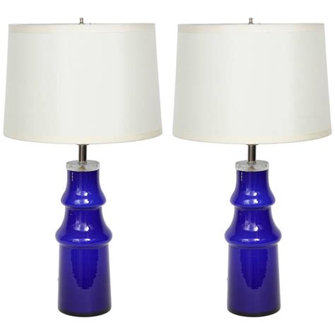 Pair Of Swedish Modern Blue Art Glass Lamps By Johansfors For Sale At 1stdibs