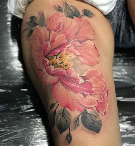 Amazing Pink Peony Tattoo On The Thigh Done By Ilovetoink