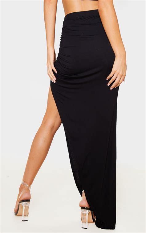 Black Jersey Ruched Side Maxi Skirt Skirts Prettylittlething
