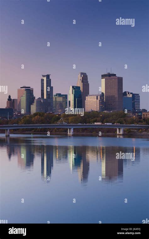 Usa Minnesota Minneapolis Skyline From The Mississippi River Dawn