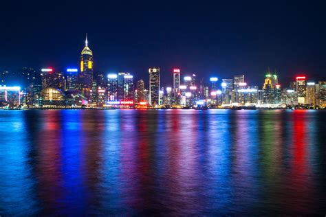 Sea China Night Lights Of The Victoria Harbour Hong Kong