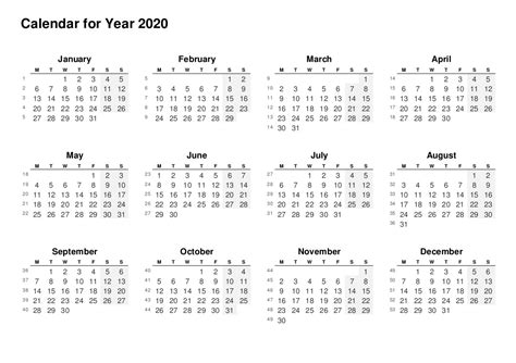 2020 Full Year Calendars