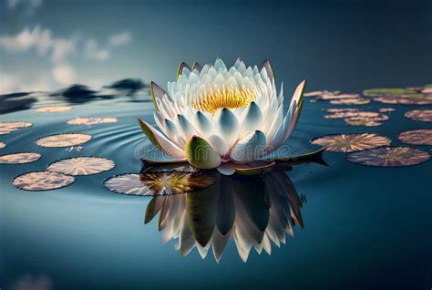 Lotus Flower Floating In A Blue Water With A Reflection Of The Sky And