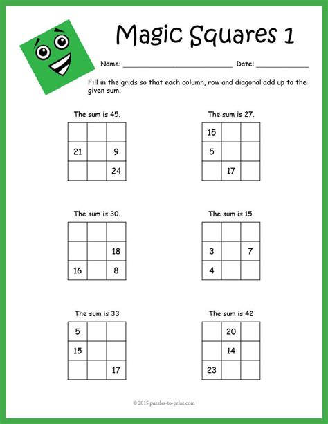 Magic Squares 8 Fun Addition Puzzle Worksheets 3rd 4th 5th 6th