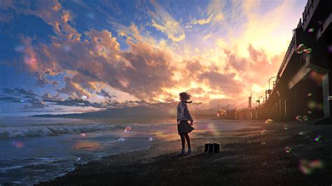 Download 1920x1080 Anime Landscape Anime Girl Sunset