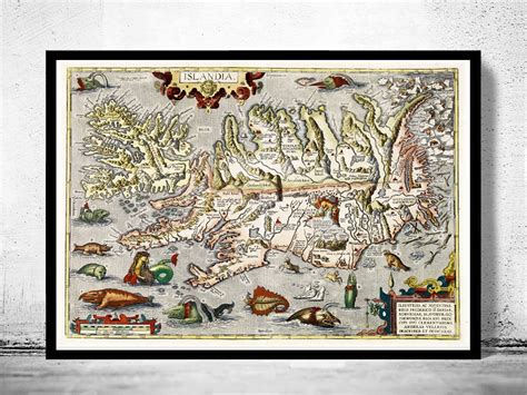 old map of iceland islandia 1542 island sea monsters vintage poster wall art print in 2022