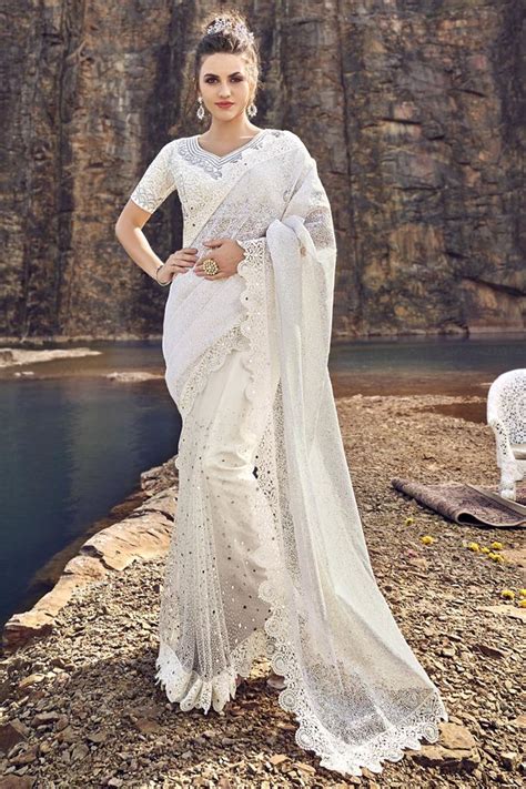 White Swarovski Heavy Work Bridal Party Wear Saree Sarees Designer Collection